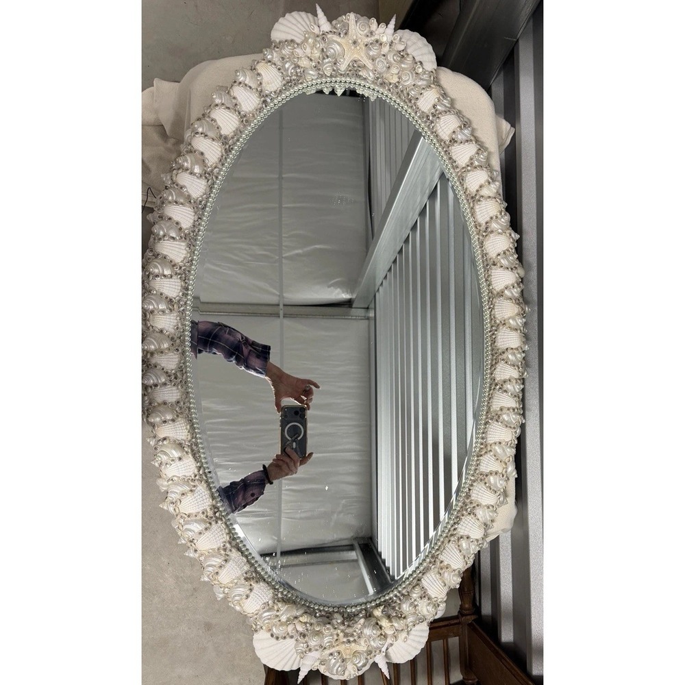 VNTG Custom Large Seashell Framed Oval Mirror 18x32" CoastalCore Nautical Beach